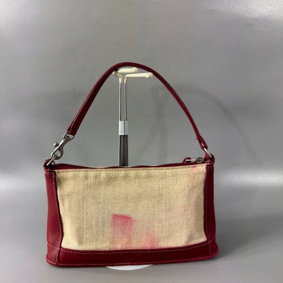 Vintage Coach # 6115 Red Leather Beige Canvas Small Hand Bag/Wristlet - Picture 7 of 13